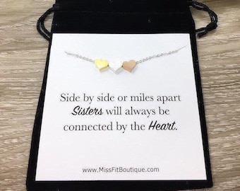 Schwestern Seite an Seite oder Miles Apart, 3 Herzen Halskette, verbunden durch das Herz Zitat Schwester Geschenk, Sorority Schmuck, Schwester der Braut