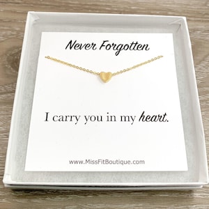 Carte jamais oubliée, collier coeur délicat, cadeau de condoléances, perte de bijoux de parent, collier de deuil minimaliste, fausse couche
