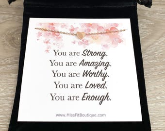You Are Worthy, Tiny Heart Necklace, Words of Wisdom, Inspirational Gift, Mental Health Gift, Strength Necklace, Gift for Encouragement