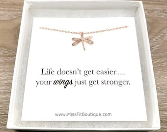 Life Doesn’t Get Easier, Dragonfly Quote, Strength Necklace, Gift for Supportive Friend, Inspirational Jewelry, Cheer Up Gift, Motivational