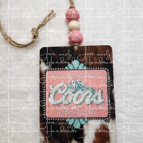 Rocky Mountain Waters Coors Cow print Car Freshie pink turquoise cowboy Western Country girlPNG Download Car Air Freshener Sublimation Image