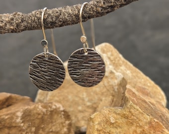 Round, Sterling Silver, hand hammered, textured, dangle Earrings, .925 earrings, Coin earrings, lightweight, minimalist