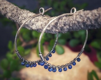 Blue Lapis Lazuli, Sterling Silver Hoops,dangle earrings, Oxidized, round, Wire Wrapped, , Southwestern, Bohemian, minimalist, hand made