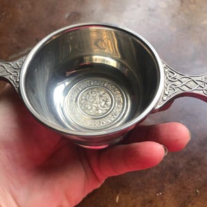 Pewter quaich Scottish friendship cup with Celtic knot design