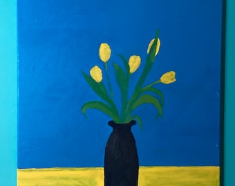 Still Life with Yellow Tulips, acrylic on canvas, 2019, by Alison Darnbrough