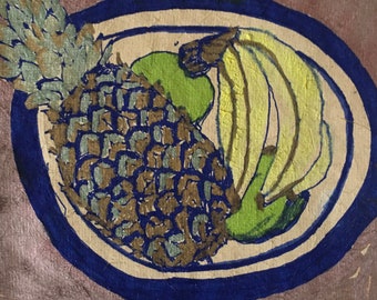 Ink Drawing Still life with pineapple, banana and apples (2019), ink and metallic paint on handmade Indian paper by Alison Darnbrough.