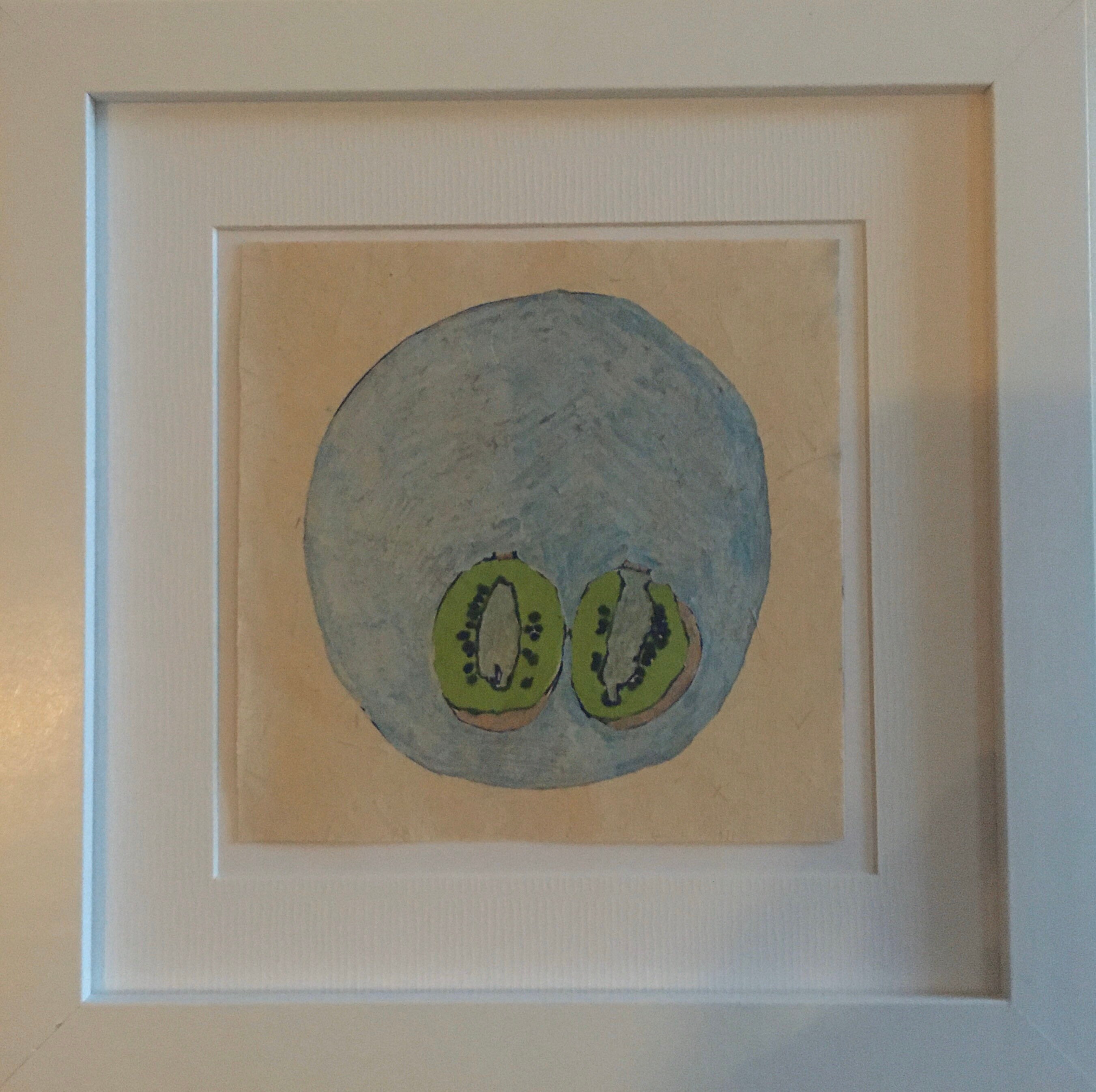 Kiwi on a blue plate - ink and pen drawing 2019) by Alison Darnbrough