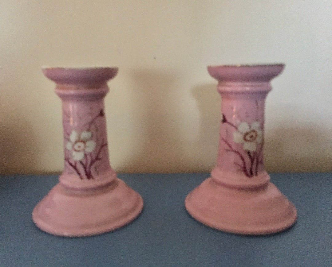 Pink Ceramic Candle Holders With Hand Painted Flowers possibly French Etsy