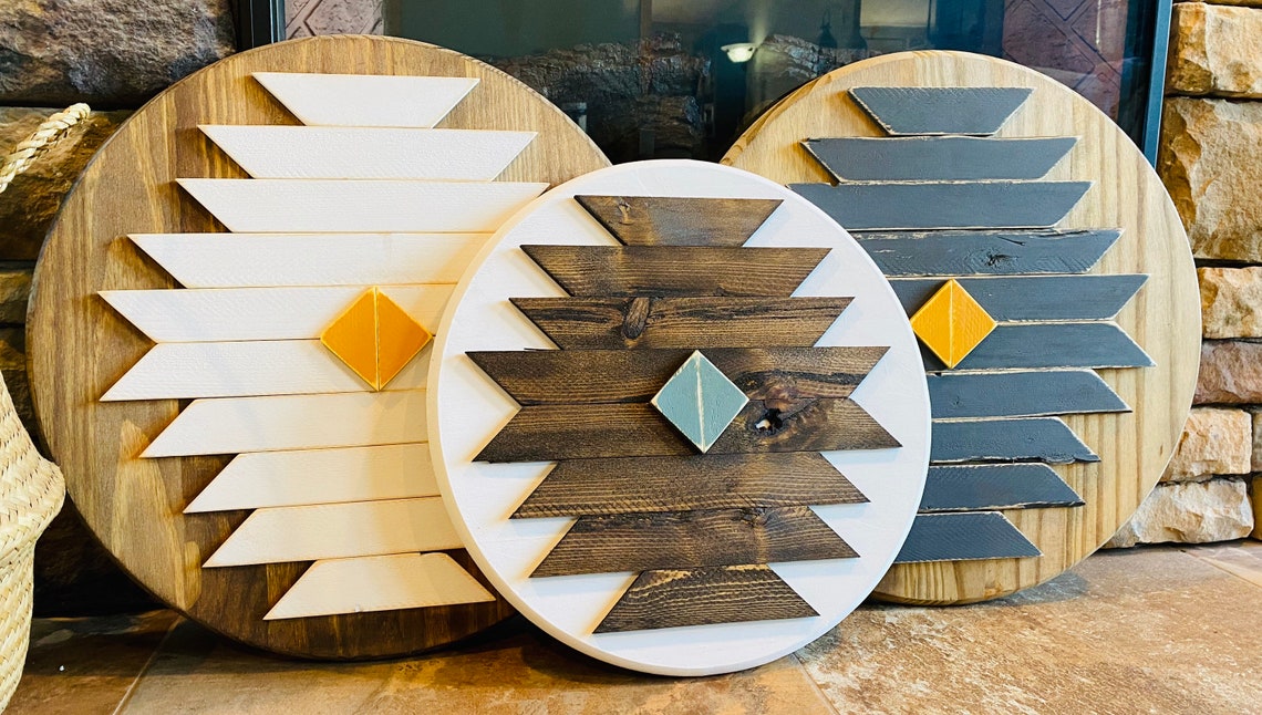 Geometric Wood Wall Art Round Wood Art Aztec Wood Art Bobo Etsy