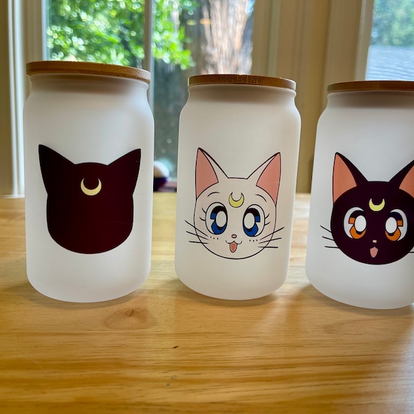 Sailor Moon  | Luna | Artemis | Tea | anime  | Coffee |  Beer can glass | 13 oz | glass