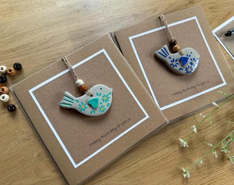 Handmade Clay Floral Bird Birthday Card: Recycled Brown Card, Blue/Teal Flower