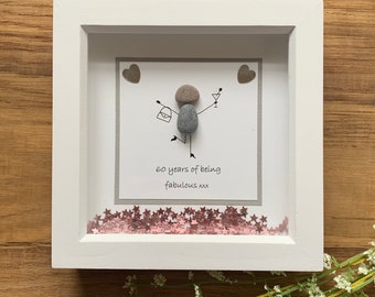 Framed birthday pebble picture.Handmade gift for her, mum, sister, daughter, friend, bestie 20, 30, 40, 50, 60, 18, 21 free postage.