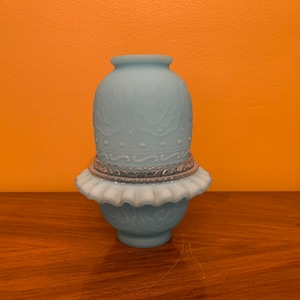 Vintage Fenton Custard Blue Satin Glass Persian Medalion Pattern Fairy Lamp