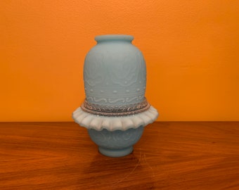 Vintage Fenton Custard Blue Satin Glass Persian Medalion Pattern Fairy Lamp
