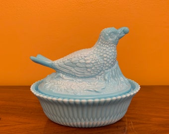 Summit Art Glass Blue Carnival Glass Bird Covered Candy Dish