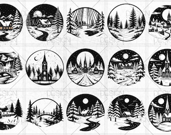 Paquete SVG de escena navideña invernal, SVG de Feliz Navidad, SVG de árbol de Navidad, Navidad de granja, Archivo láser navideño, Decoración navideña
