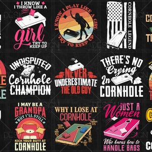 May include: A selection of cornhole-themed designs on a black backdrop. The designs feature text such as "I suck at cornhole," "Sunshine & Cornhole," and "I am the great cornholio." Cornhole boards and bags are also shown.
