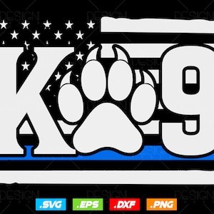 May include: Black and white graphic design of a paw print with the letters K9 on either side. The design is superimposed on an American flag with a blue stripe at the bottom.