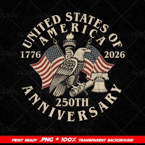 Op de afbeelding: Een vintage-stijl grafisch ontwerp ter viering van de 250e verjaardag van de Verenigde Staten van Amerika. Het ontwerp toont een adelaar, Amerikaanse vlaggen, de Liberty Bell en de jaren 1776 en 2026, alles tegen een getextureerde zwarte achtergrond.