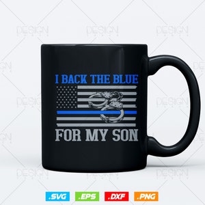 a black coffee mug with a thin blue line on it
