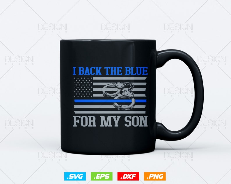 a black coffee mug with a thin blue line on it