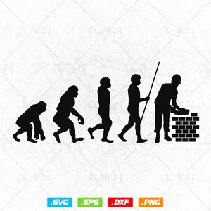Puede incluir: Una ilustración en silueta en blanco y negro de la evolución del hombre, que termina con un trabajador de la construcción colocando ladrillos. La ilustración es una interpretación humorística de la teoría de la evolución.