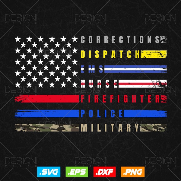 Design vetorial para camiseta com a bandeira dos heróis socorristas, enfermeiros, paramédicos, policiais, bombeiros e militares em arquivos AI, SVG e PNG. Arquivos PNG para sublimação da polícia e enfermeiros.