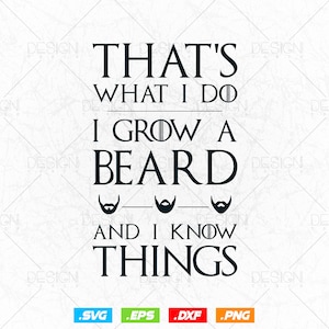 Puede incluir: Gráfico de texto en blanco y negro con las palabras "That's what I do I grow a beard and I know things". Tres iconos de barba están debajo del texto. El texto está en negrita, fuente sans-serif.