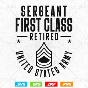 Puede incluir: Diseño gráfico en blanco y negro de una insignia de retiro de sargento de primera clase del ejército de los Estados Unidos. La insignia presenta un galón con cinco rayas y el texto "Sergeant First Class Retired" sobre el galón y "United States Army" debajo del galón.