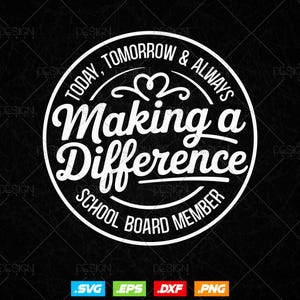 Może przedstawiać: Biały okrągły wzór na czarnym tle. Tekst brzmi "Today, Tomorrow & Always Making a Difference SCHOOL BOARD MEMBER". Projekt zawiera symbol serca i ozdobne zawijasy.