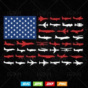 May include: A graphic design featuring the American flag with airplanes replacing the stripes. The flag's blue field has white stars, and the stripes are represented by red and white airplane silhouettes. The background is black.