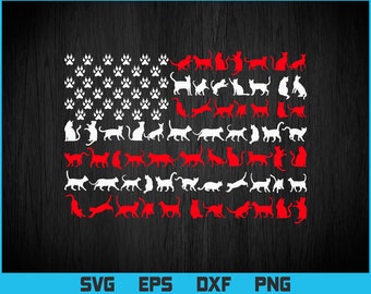 Cat American Flag USA Paws Patriotic Svg Png Files, Diseño de camiseta de regalo para amantes de los gatos patrióticos, Archivos Svg para amantes de las mascotas para Cricut.