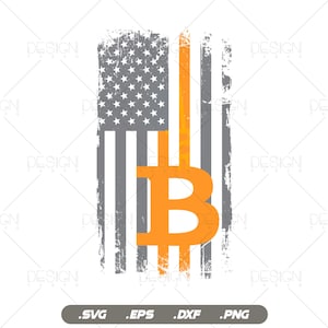 May include: A distressed American flag design with a large orange Bitcoin symbol in the center. The flag is faded and has a grunge effect.