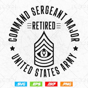 Puede incluir: Diseño gráfico en blanco y negro de un sargento mayor del ejército de los Estados Unidos con el texto "Retirado" en un círculo.