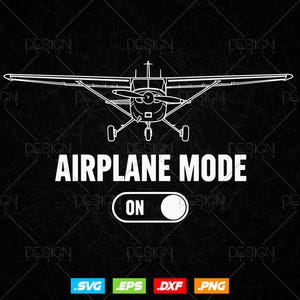 May include: A white line drawing of a small airplane with the text "AIRPLANE MODE ON" on a black background. The airplane is centered, with its wings and propeller clearly visible. The "ON" switch is also white.