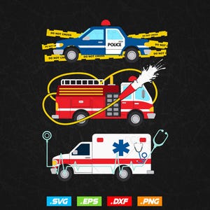 May include: An illustration of three emergency vehicles: a blue police car with "POLICE" text and "DO NOT CROSS" tape, a red fire truck with a water stream, and a white ambulance with a medical symbol and stethoscope. The background is black.