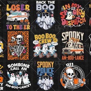 May include: A collection of Halloween-themed graphic designs on a black background. The designs feature spooky characters like ghosts, skeletons, and pumpkins, along with text such as "Back the Boo," "Spooky Police," and "Trick or Treat."