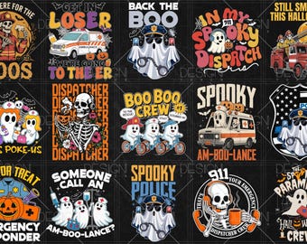 Primeros auxilios Halloween, paquete SVG, uso comercial de SVG de primeros auxilios, despachador Halloween PNG, esqueletos de bomberos, abucheo policial