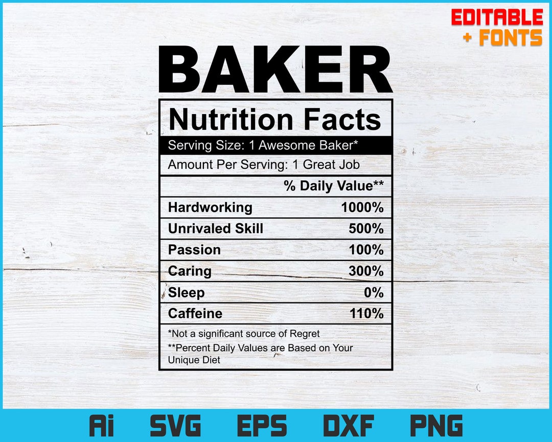 Funny Baker Nutrition Facts Editable Tshirt Tshirt Design in Ai Svg