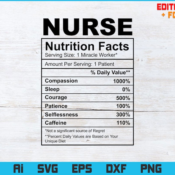 Nurse Nutrition Facts Editable T-shirt Design Svg png Files, Funny Nursing Nurse Life svg, Nurse Nutrition Facts fichiers svg pour cricut
