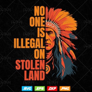 May include: A digital design featuring a Native American chief with a headdress, and the text "NO ONE IS ILLEGAL ON STOLEN LAND" in orange and white. The design is set against a black background with a textured pattern.