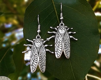 Stainless Steel Cicada Earrings, Silver Insect Earrings, Antique Bug Earrings, Scarab Beetle Jewelry, Dangle Huggie Hoop Nature Earrings