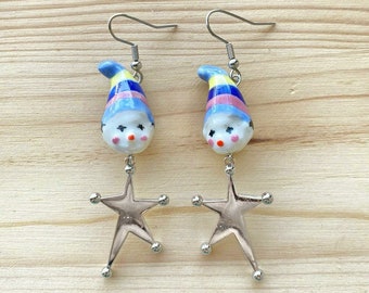 Colorful Clown Earrings, Whimsical Star Earrings, Quirky Jester Earrings, Celestial Clowncore Aesthetic, Huggie Hoop Option Available