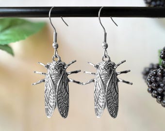 Stainless Steel Cicada Insect Earrings | Dark Cottagecore Bug Jewelry | Huggie Hoop Option Available