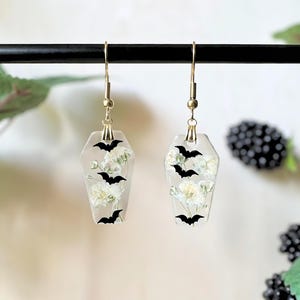 Dried Flower Bat Earrings | Floral Gothic Coffin Earrings | Witchy Pressed Flower Jewelry | Halloween Earrings | Cute Spooky Jewelry Gift Gold Earwire Hook