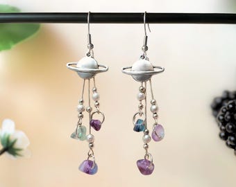 ORIGINAL Saturn Earrings with Rainbow Fluorite Crystal Chip Stardust | Outer Space Fantasy Jewelry | Cosmic Whimsigothic Gemstone Jewelry