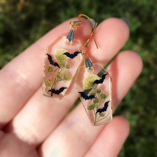 Dried Flower Coffin Earrings, Triple Bat Earrings, Spooky Floral Terrarium Earrings, Pressed Flower Resin Earrings, Nocturnal Pollinators