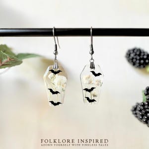 Dried Flower Bat Earrings | Floral Gothic Coffin Earrings | Witchy Pressed Flower Jewelry | Halloween Earrings | Cute Spooky Jewelry Gift Silver Earwire Hook