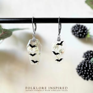 Dried Flower Bat Earrings | Floral Gothic Coffin Earrings | Witchy Pressed Flower Jewelry | Halloween Earrings | Cute Spooky Jewelry Gift Silver Huggie Hoop