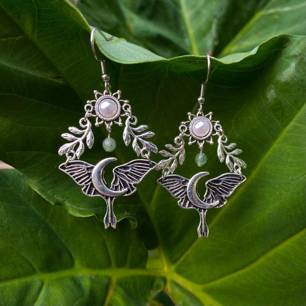 Whimsical Luna Moth Earrings, Botanical Sun and Moon Earrings, Nature Inspired Fairy Jewelry, Gifts For Her, Huggie Hoop Option Available